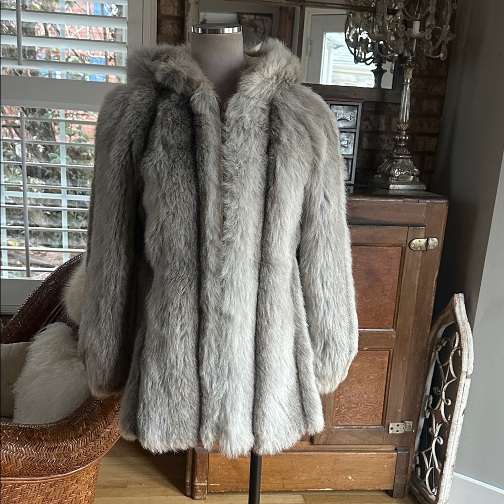 STYLE VI LTD VINTAGE SILVER FAUX FUR COAT FULL ZIP HOOD MADE IN USA SMALL **